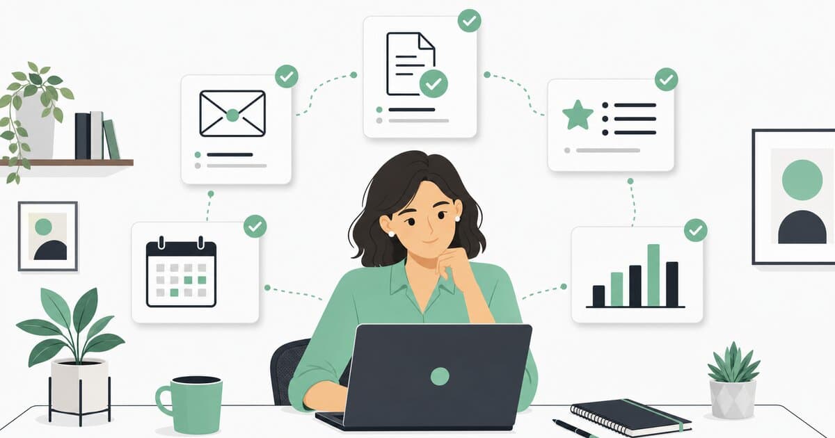 Illustration Mitizy d’un dirigeant de TPE utilisant cinq workflows IA concrets sur son planning hebdomadaire
