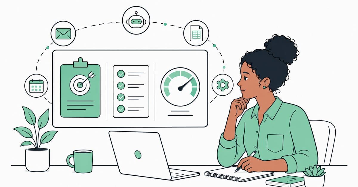 Dirigeant de petite entreprise devant un bureau épuré, avec un plan IA simple, des repères de priorisation et des icônes d’automatisation minimalistes
